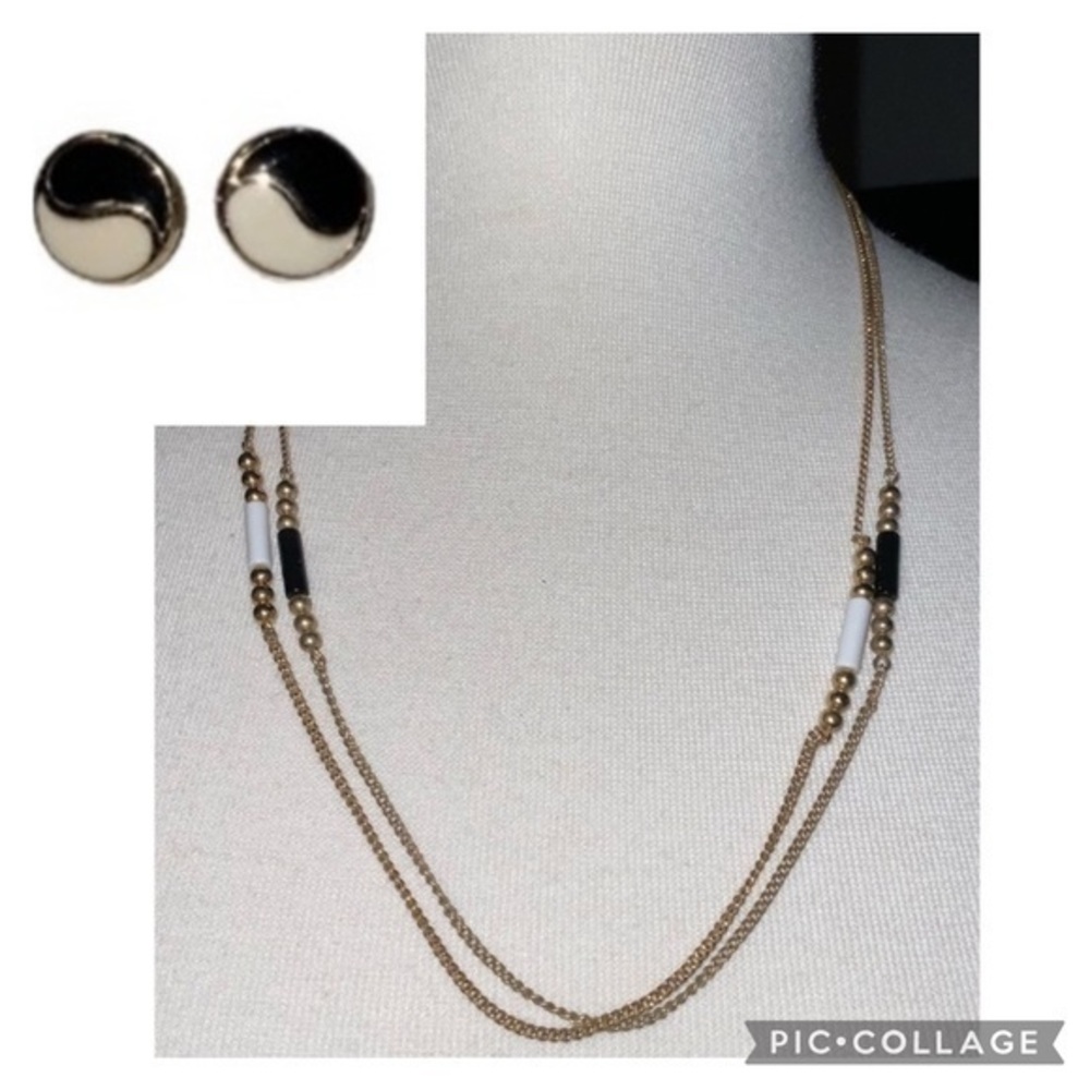Avon 2 Ying Yang 22” Gold Plated Necklaces & 1/2” Earrings In Box